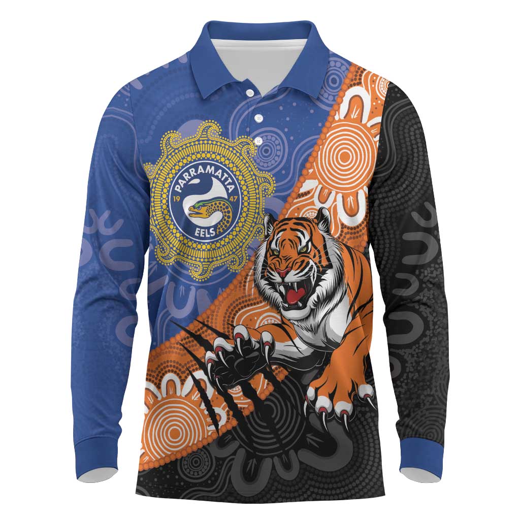 Personalised Tigers and Eels Rugby Long Sleeve Polo Shirt Aboriginal Art