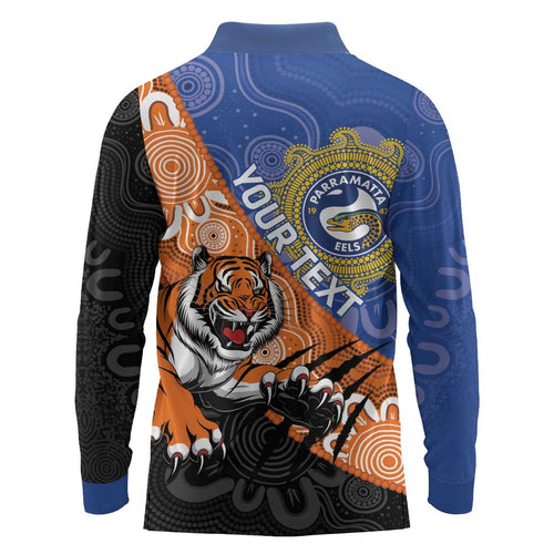 Personalised Tigers and Eels Rugby Long Sleeve Polo Shirt Aboriginal Art