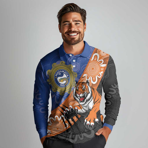 Personalised Tigers and Eels Rugby Long Sleeve Polo Shirt Aboriginal Art