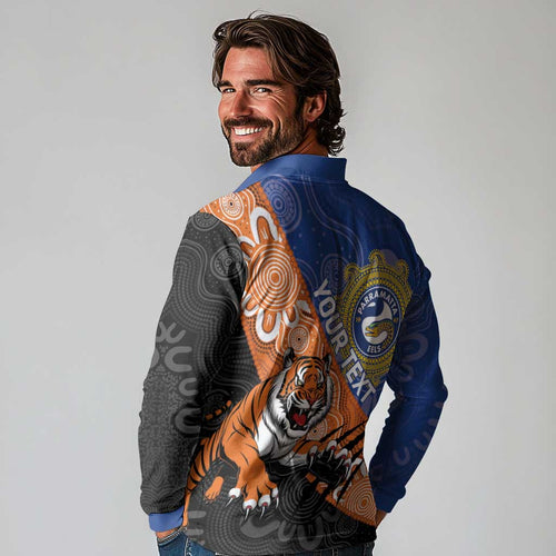 Personalised Tigers and Eels Rugby Long Sleeve Polo Shirt Aboriginal Art