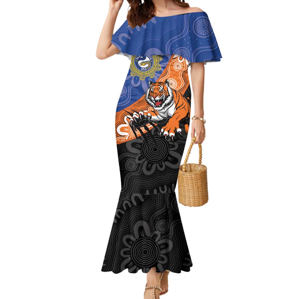 Personalised Tigers and Eels Rugby Mermaid Dress Aboriginal Art