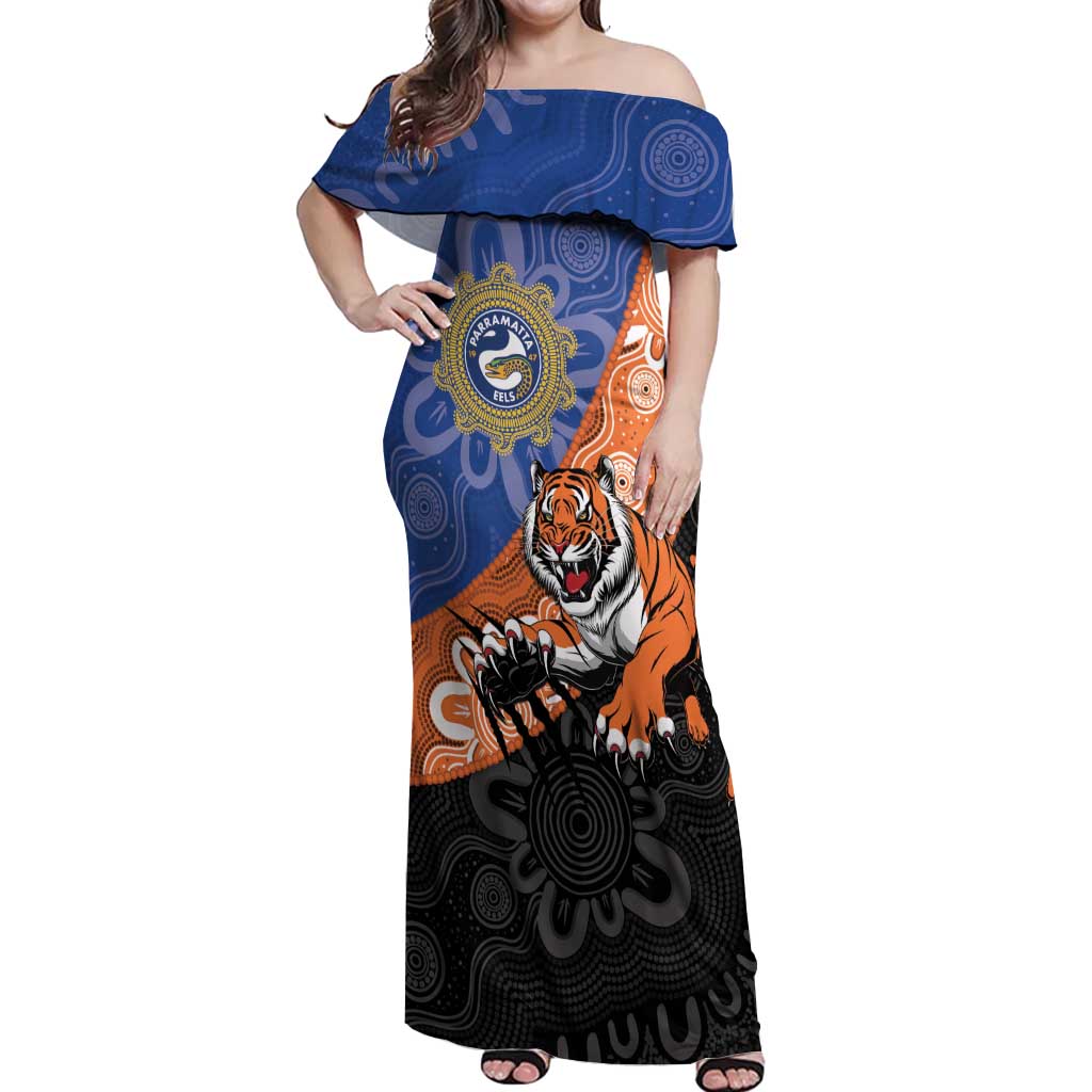 Personalised Tigers and Eels Rugby Off Shoulder Maxi Dress Aboriginal Art