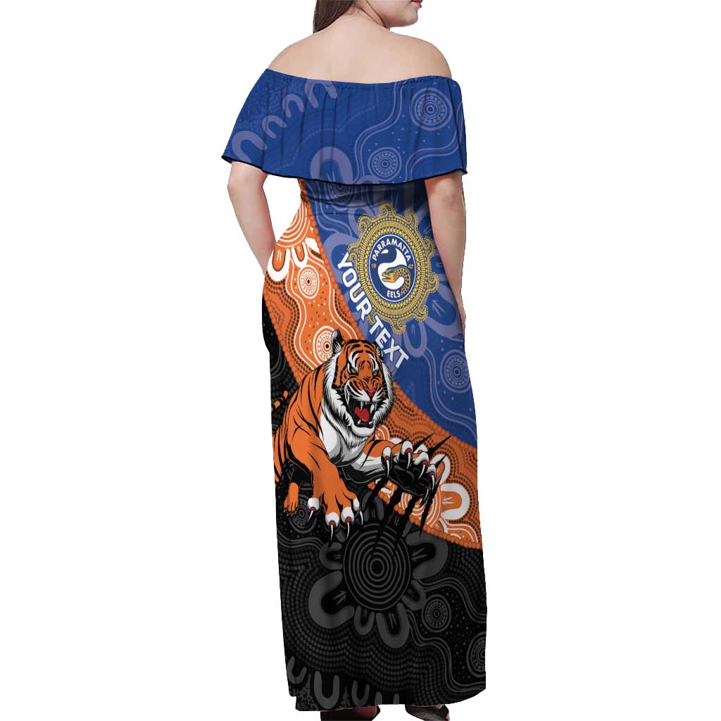 Personalised Tigers and Eels Rugby Off Shoulder Maxi Dress Aboriginal Art