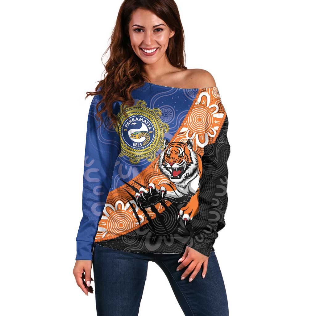 Personalised Tigers and Eels Rugby Off Shoulder Sweater Aboriginal Art