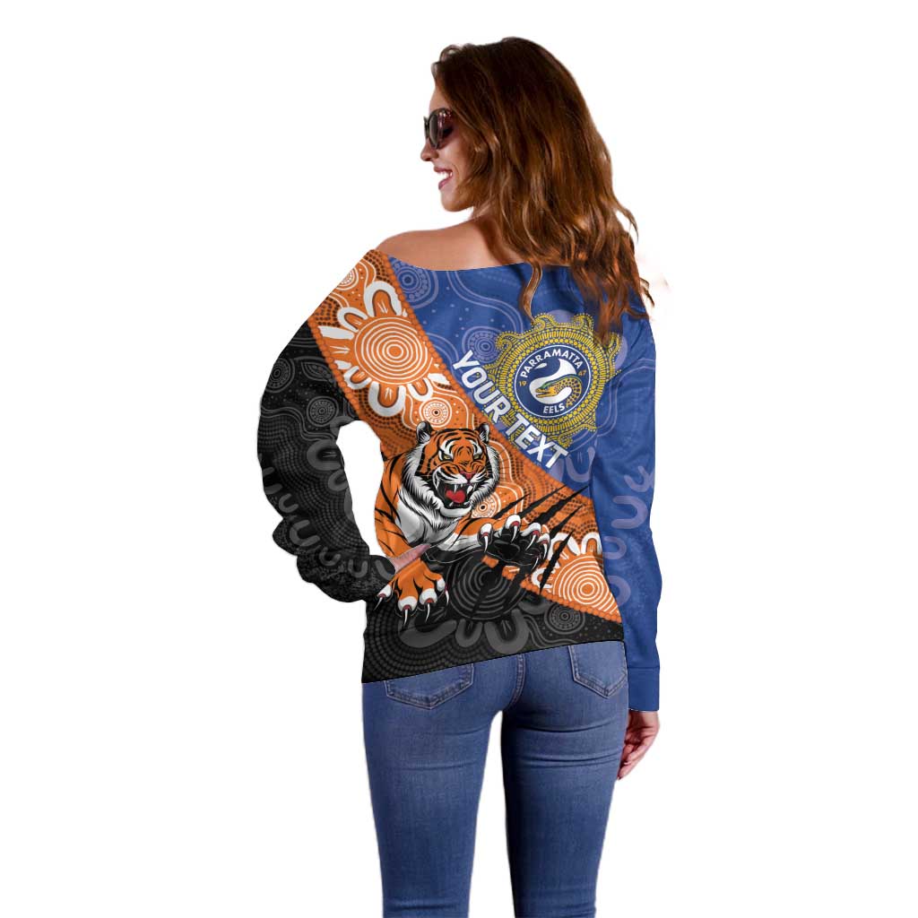 Personalised Tigers and Eels Rugby Off Shoulder Sweater Aboriginal Art