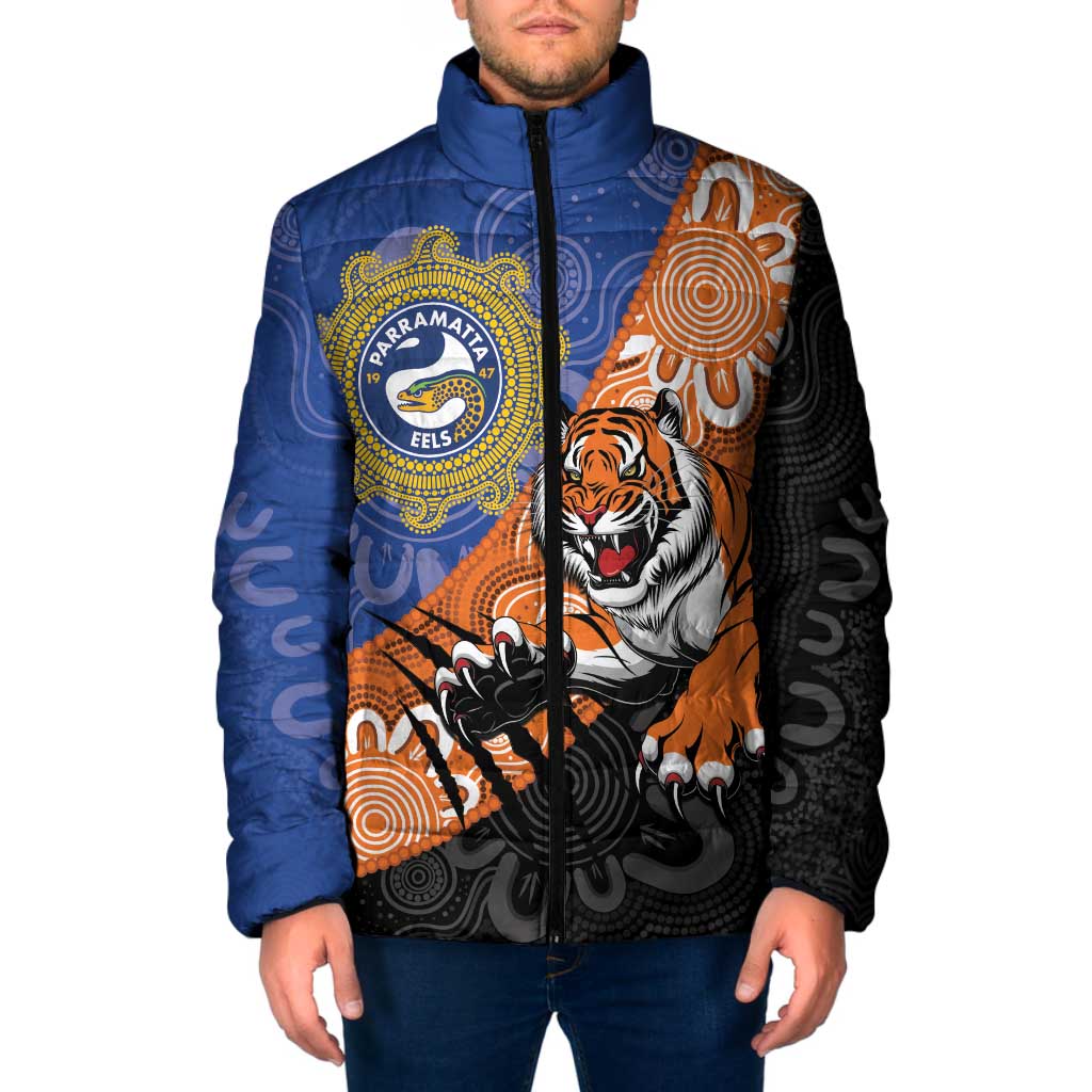 Personalised Tigers and Eels Rugby Padded Jacket Aboriginal Art