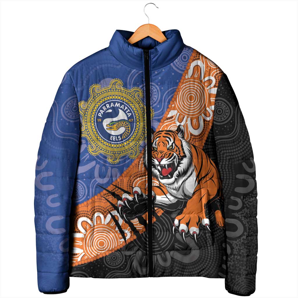 Personalised Tigers and Eels Rugby Padded Jacket Aboriginal Art