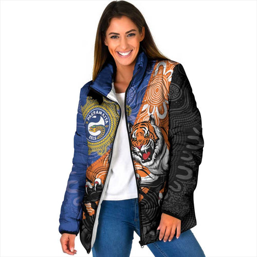 Personalised Tigers and Eels Rugby Padded Jacket Aboriginal Art