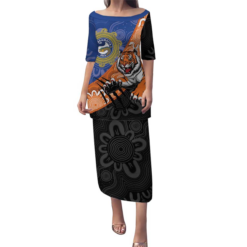 Personalised Tigers and Eels Rugby Puletasi Aboriginal Art