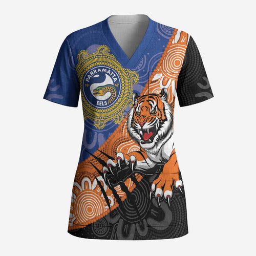 Personalised Tigers and Eels Rugby Scrub Top Aboriginal Art