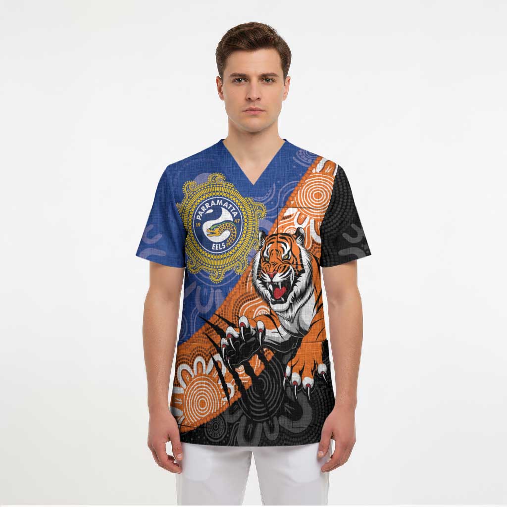 Personalised Tigers and Eels Rugby Scrub Top Aboriginal Art