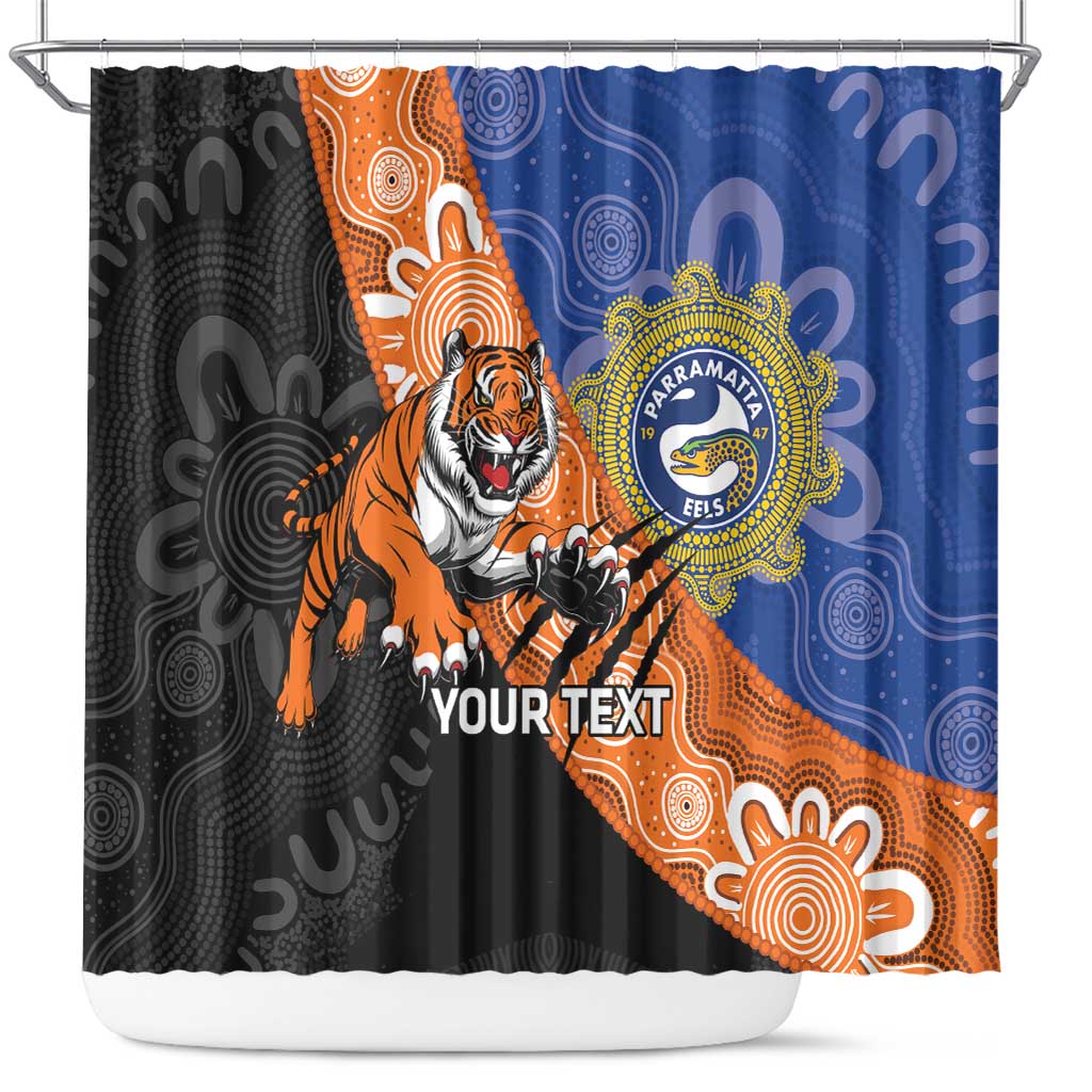 Personalised Tigers and Eels Rugby Shower Curtain Aboriginal Art