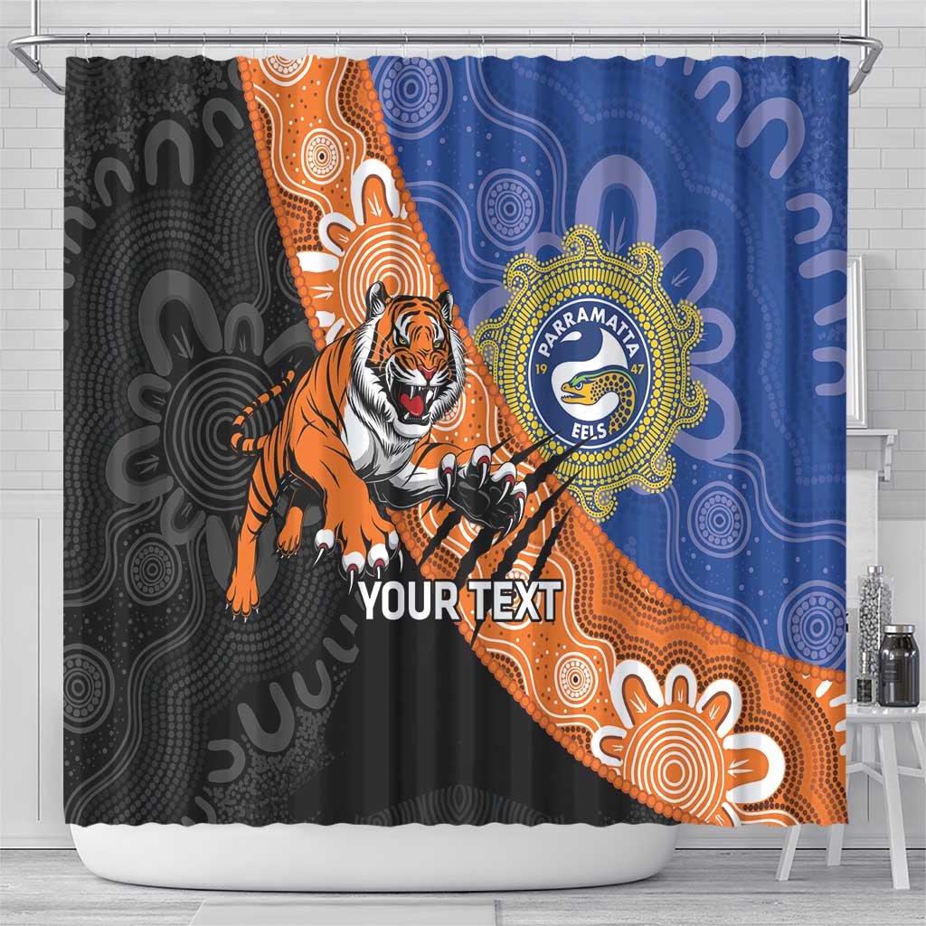 Personalised Tigers and Eels Rugby Shower Curtain Aboriginal Art
