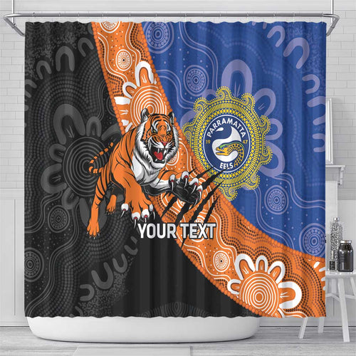 Personalised Tigers and Eels Rugby Shower Curtain Aboriginal Art