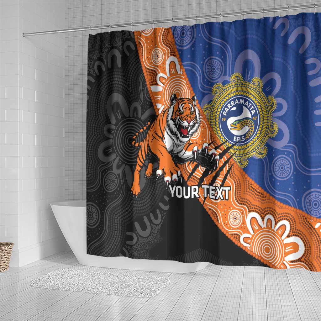 Personalised Tigers and Eels Rugby Shower Curtain Aboriginal Art