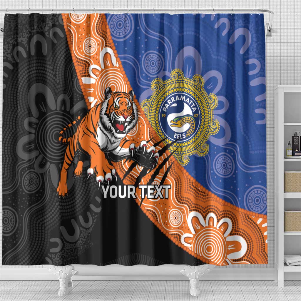 Personalised Tigers and Eels Rugby Shower Curtain Aboriginal Art