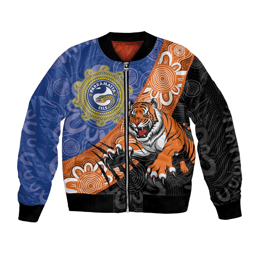 Personalised Tigers and Eels Rugby Sleeve Zip Bomber Jacket Aboriginal Art