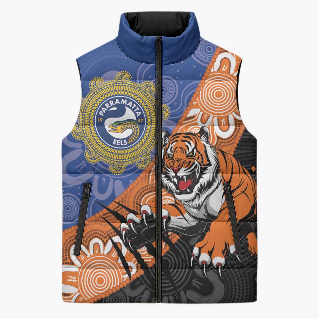 Personalised Tigers and Eels Rugby Sleeveless Puffer Jacket Aboriginal Art