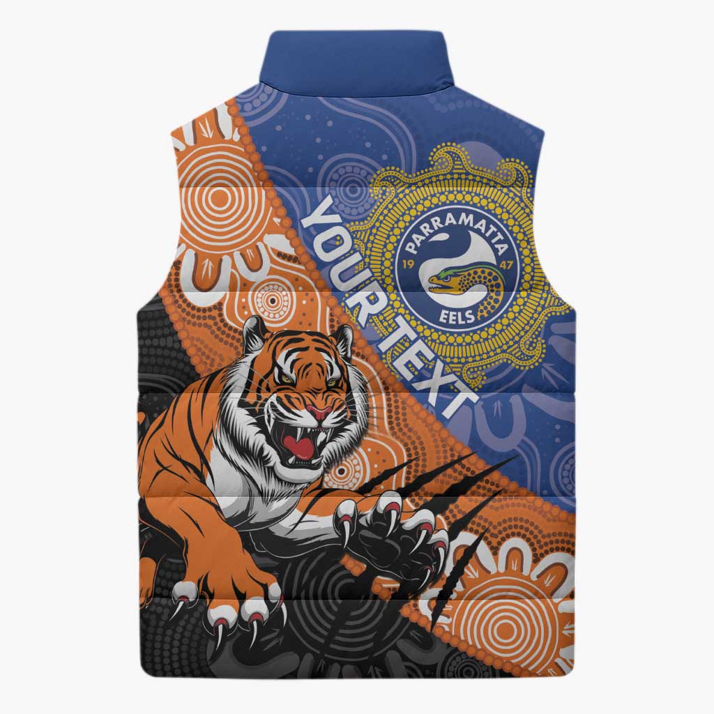Personalised Tigers and Eels Rugby Sleeveless Puffer Jacket Aboriginal Art