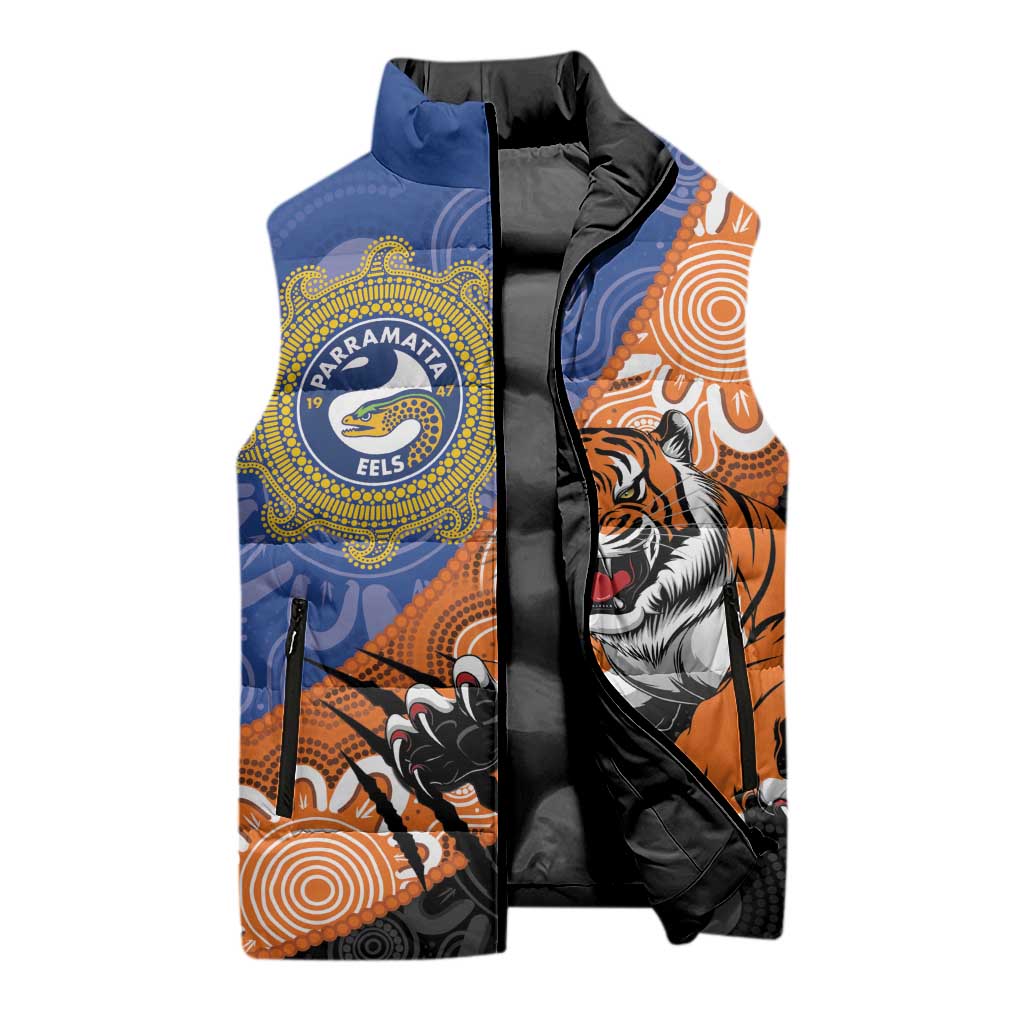 Personalised Tigers and Eels Rugby Sleeveless Puffer Jacket Aboriginal Art