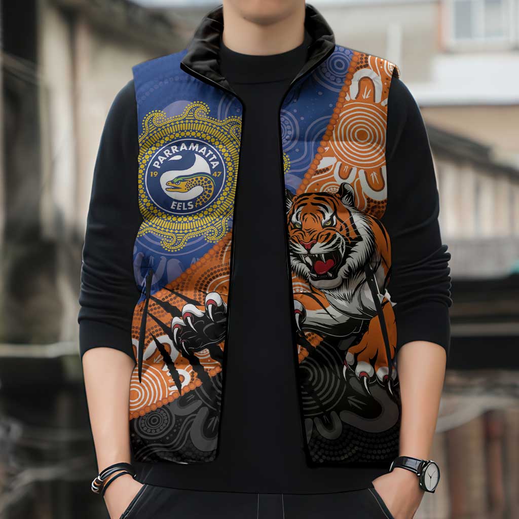 Personalised Tigers and Eels Rugby Sleeveless Puffer Jacket Aboriginal Art