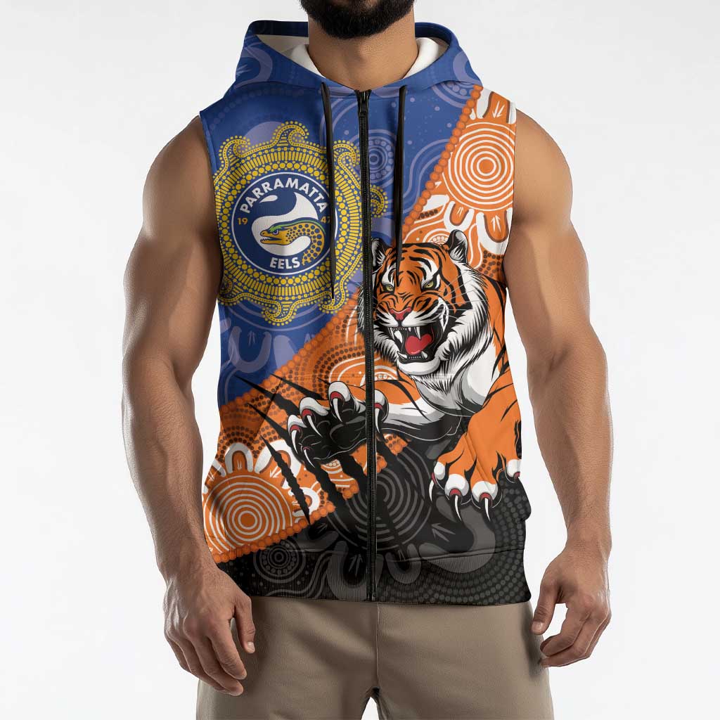 Personalised Tigers and Eels Rugby Sleeveless Zip Hoodie Aboriginal Art