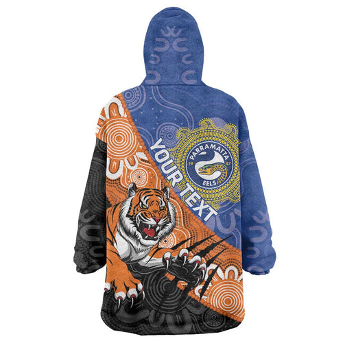 Personalised Tigers and Eels Rugby Wearable Blanket Hoodie Aboriginal Art