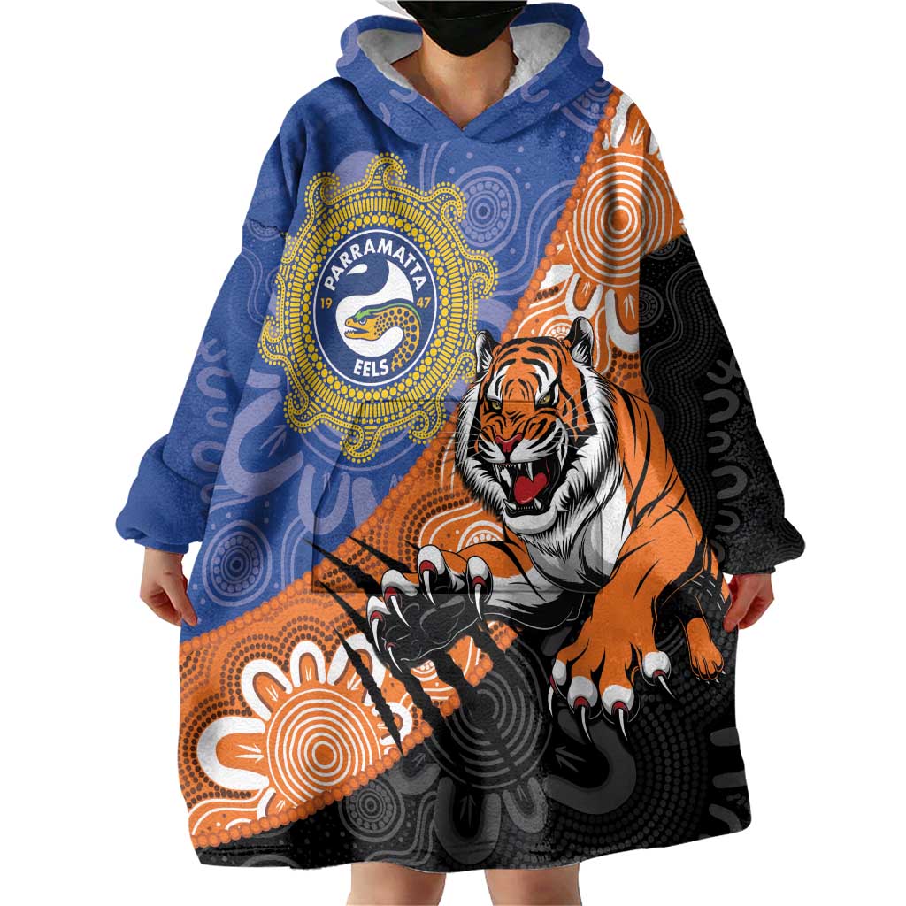 Personalised Tigers and Eels Rugby Wearable Blanket Hoodie Aboriginal Art