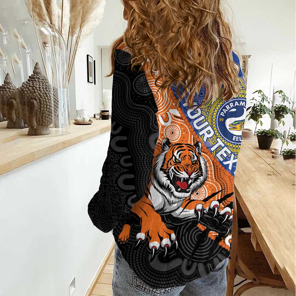 Personalised Tigers and Eels Rugby Women Casual Shirt Aboriginal Art