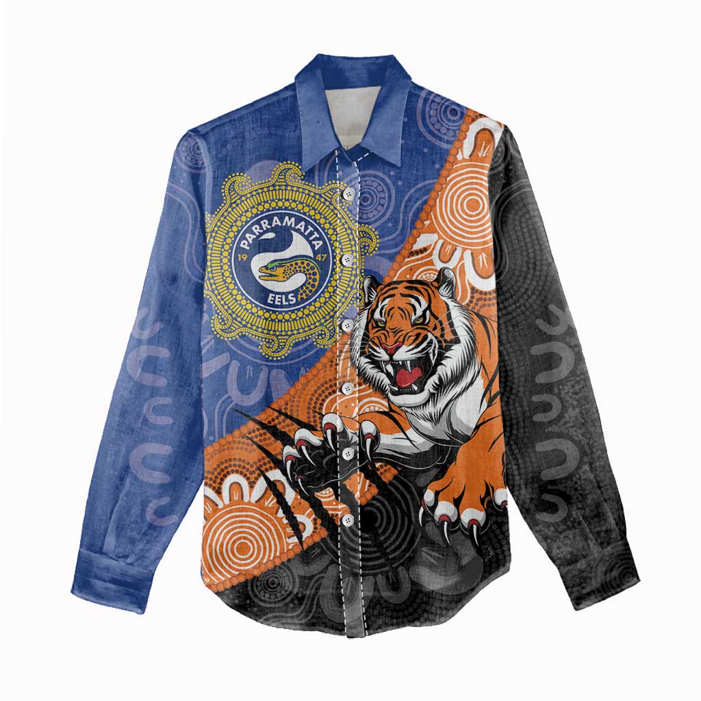 Personalised Tigers and Eels Rugby Women Casual Shirt Aboriginal Art