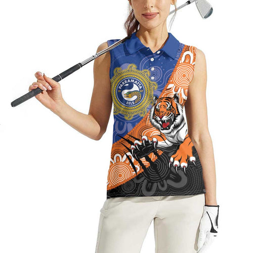 Personalised Tigers and Eels Rugby Women Sleeveless Polo Shirt Aboriginal Art