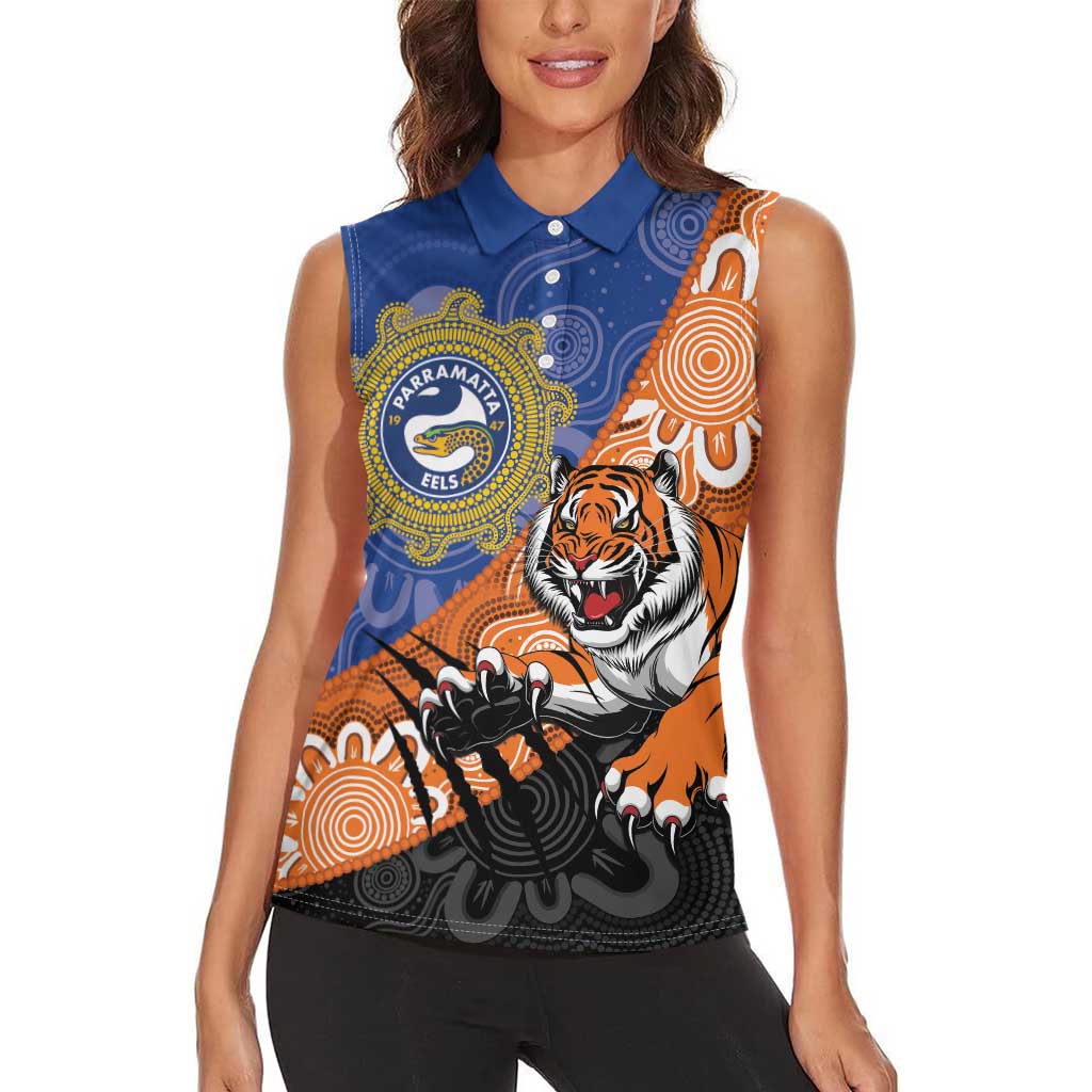 Personalised Tigers and Eels Rugby Women Sleeveless Polo Shirt Aboriginal Art