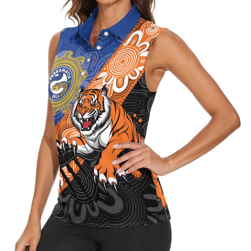 Personalised Tigers and Eels Rugby Women Sleeveless Polo Shirt Aboriginal Art