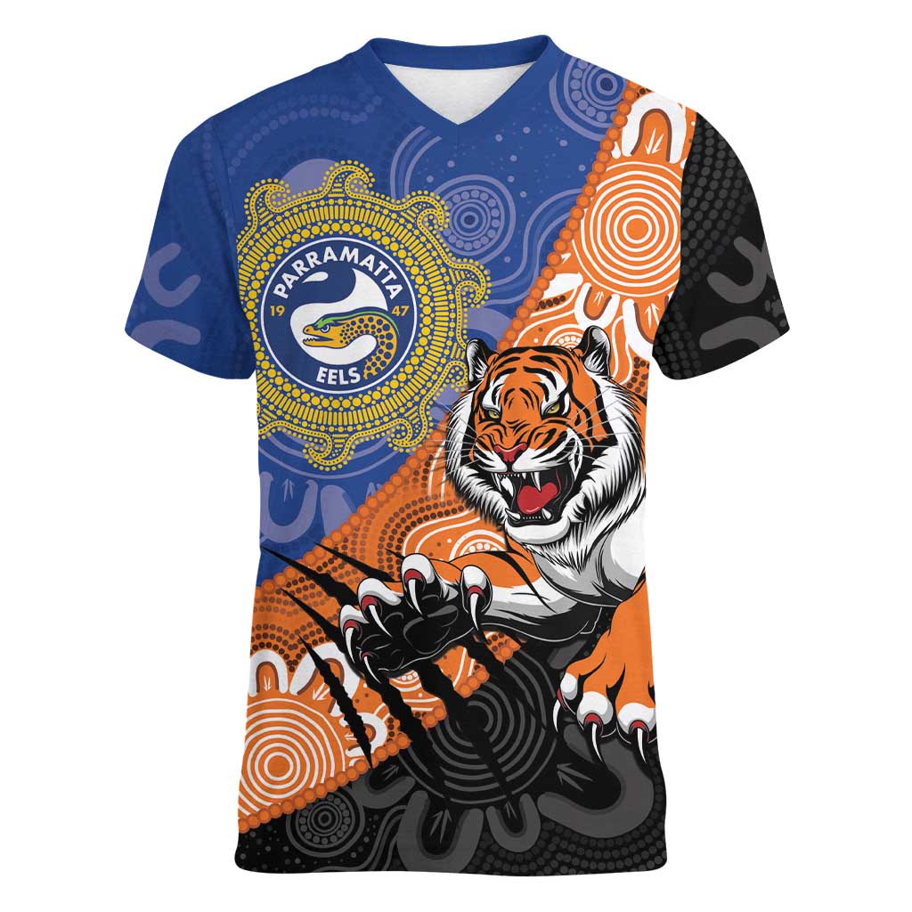 Personalised Tigers and Eels Rugby Women V-Neck T-Shirt Aboriginal Art