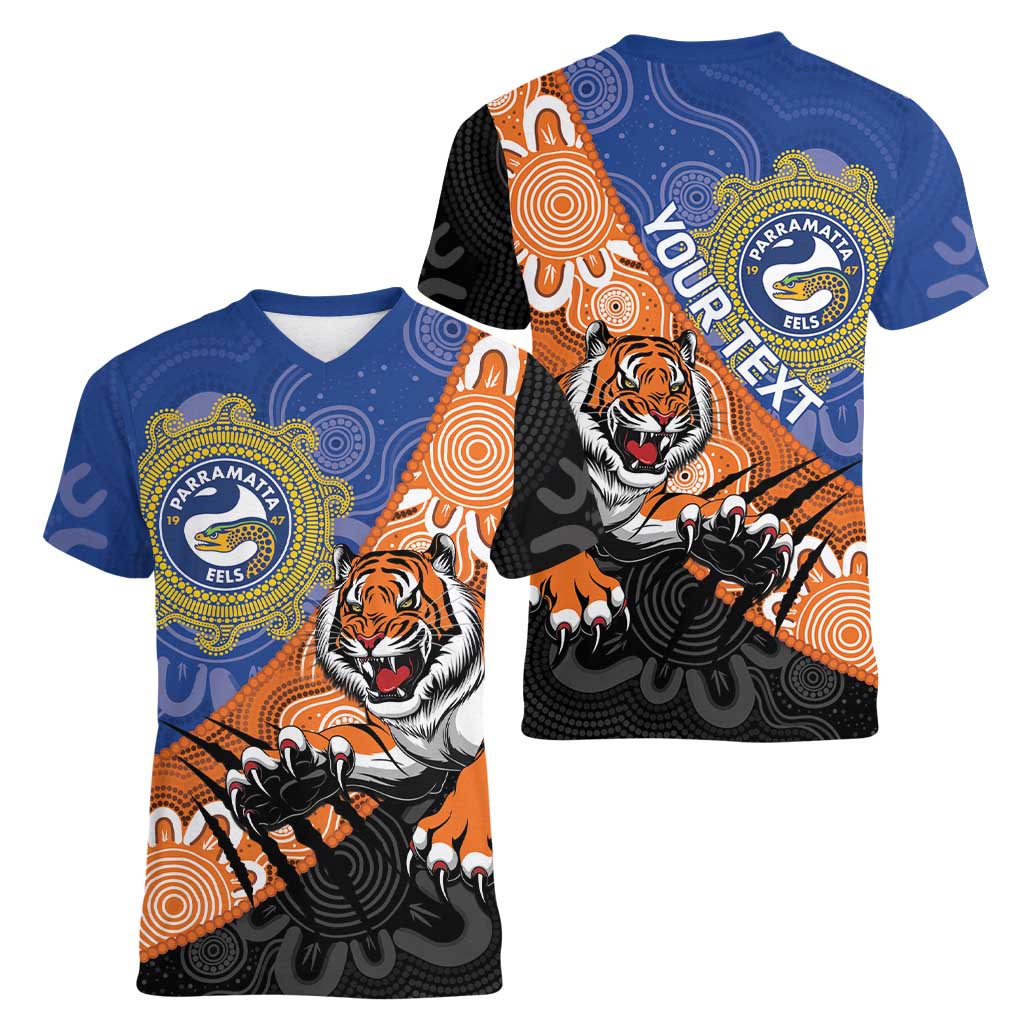 Personalised Tigers and Eels Rugby Women V-Neck T-Shirt Aboriginal Art