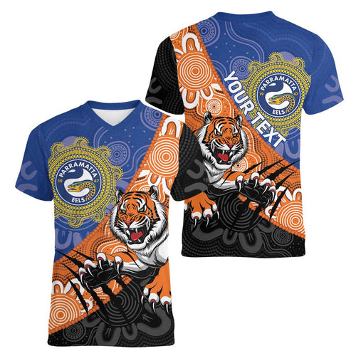 Personalised Tigers and Eels Rugby Women V-Neck T-Shirt Aboriginal Art