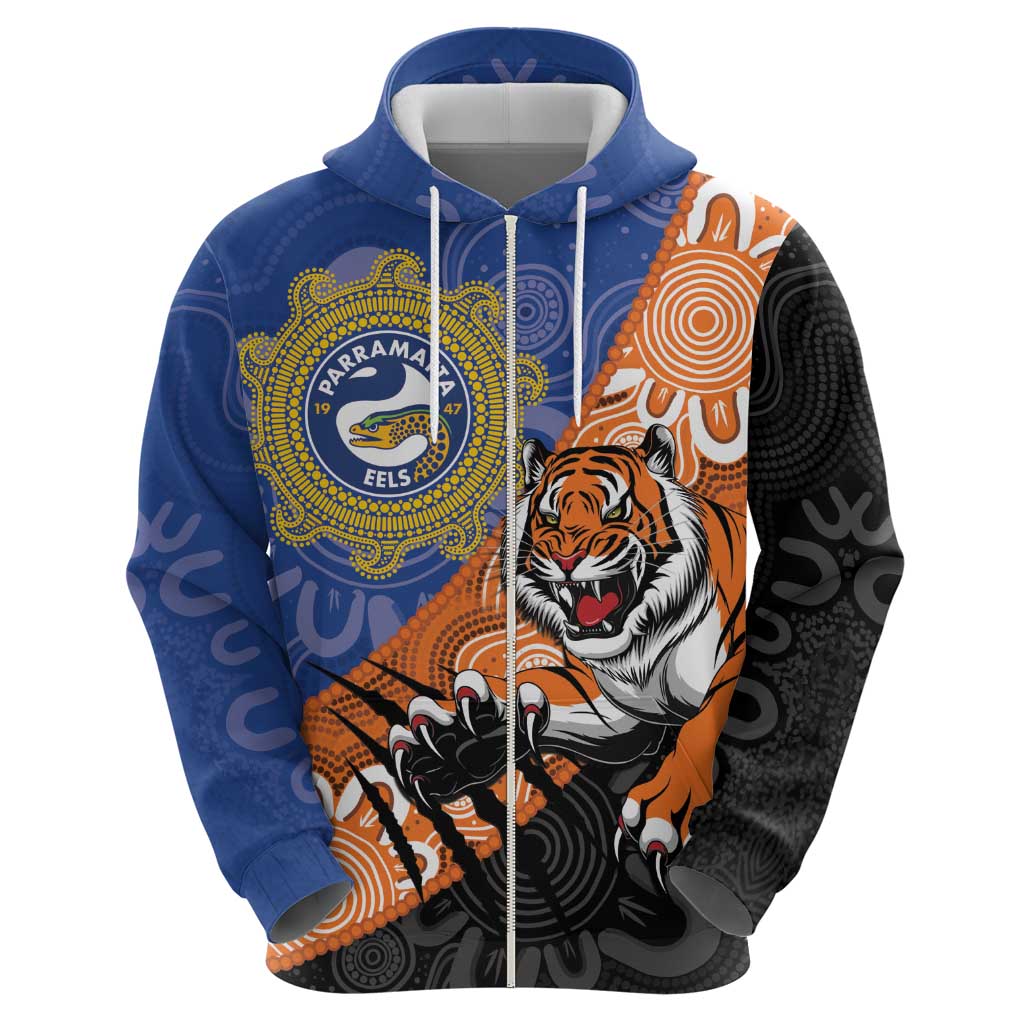 Personalised Tigers and Eels Rugby Zip Hoodie Aboriginal Art