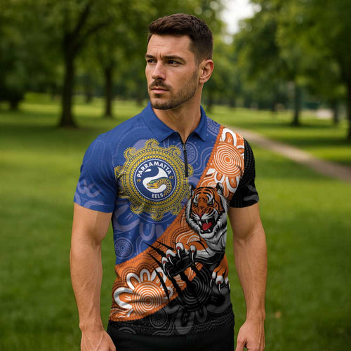 Personalised Tigers and Eels Rugby Zipper Polo Shirt Aboriginal Art