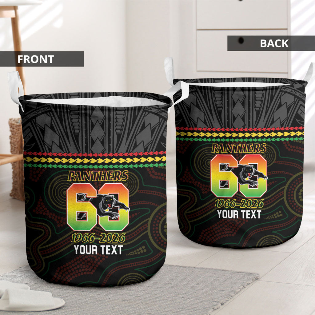 Penrith Panthers Rugby Custom Laundry Basket 60 Years Anniversary Black Polynesian Aboriginal Art