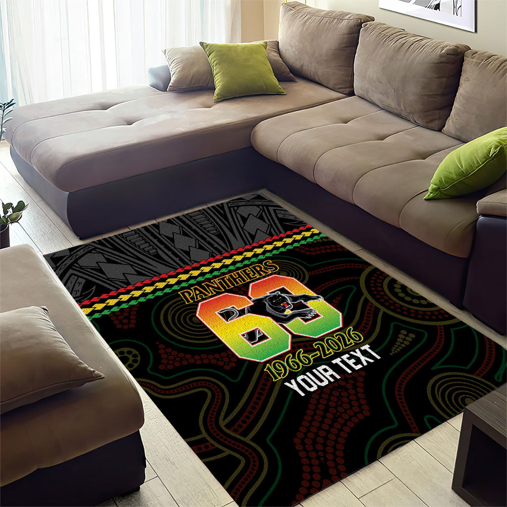 Penrith Panthers Rugby Custom Area Rug 60 Years Anniversary Black Polynesian Aboriginal Art