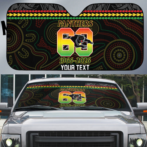 Penrith Panthers Rugby Custom Auto Sun Shade 60 Years Anniversary Black Polynesian Aboriginal Art