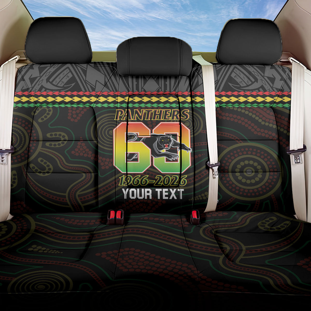 Penrith Panthers Rugby Custom Back Car Seat Cover 60 Years Anniversary Black Polynesian Aboriginal Art