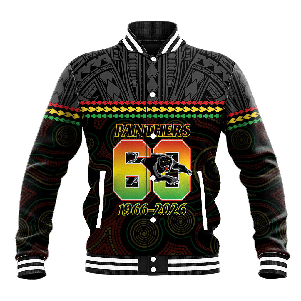 Penrith Panthers Rugby Custom Baseball Jacket 60 Years Anniversary Black Polynesian Aboriginal Art