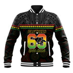 Penrith Panthers Rugby Custom Baseball Jacket 60 Years Anniversary Black Polynesian Aboriginal Art