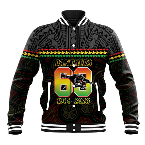Penrith Panthers Rugby Custom Baseball Jacket 60 Years Anniversary Black Polynesian Aboriginal Art