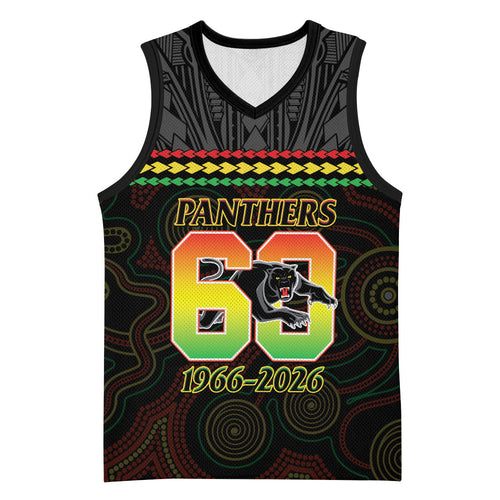 Penrith Panthers Rugby Custom Basketball Jersey 60 Years Anniversary Black Polynesian Aboriginal Art