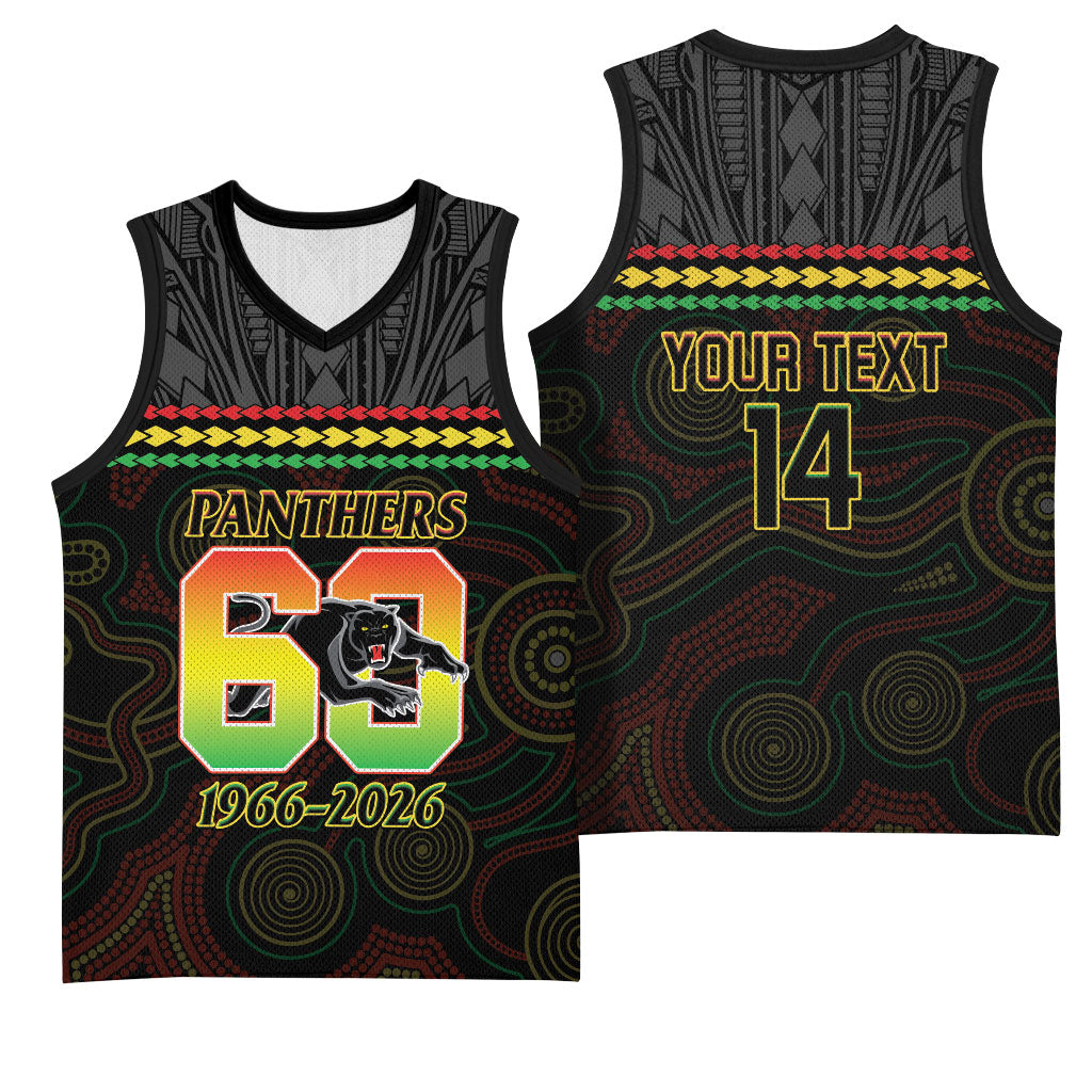 Penrith Panthers Rugby Custom Basketball Jersey 60 Years Anniversary Black Polynesian Aboriginal Art