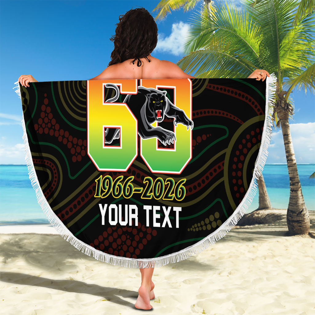 Penrith Panthers Rugby Custom Beach Blanket 60 Years Anniversary Black Polynesian Aboriginal Art
