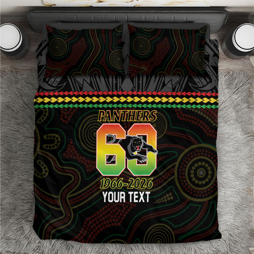 Penrith Panthers Rugby Custom Bedding Set 60 Years Anniversary Black Polynesian Aboriginal Art