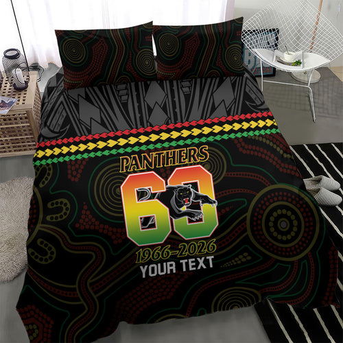 Penrith Panthers Rugby Custom Bedding Set 60 Years Anniversary Black Polynesian Aboriginal Art